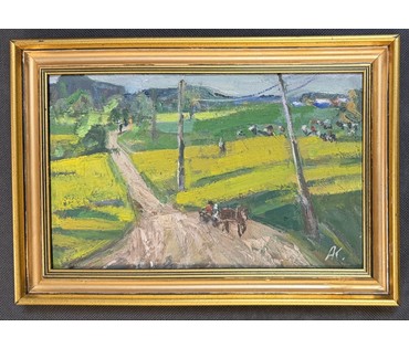 Коктев А.А "Дорога в поле", 1975г. Картон, масло. Размер с рамой 31,5х22 см. № 3743 (артикул №3743) - фото №1