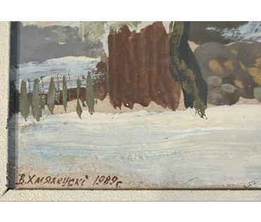 Хмелевский В.В "Морозный день", 1989г. ДВП, масло. Размер с паспарту 24х32см. № 3770 (артикул №3770) - фото №2
