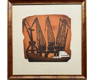 Селещук Н.М "Краны" серия "Талінскі порт", 1973г. Цветная автолитография. Размер с рамой и паспарту 60х60 см. № 3781 (артикул №3781) - фото №1