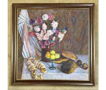 Максимцев К.И "Натюрморт",1984г. Холст, масло. Размер с рамой 96х96 см. № 3787 (артикул №3787) - фото №2