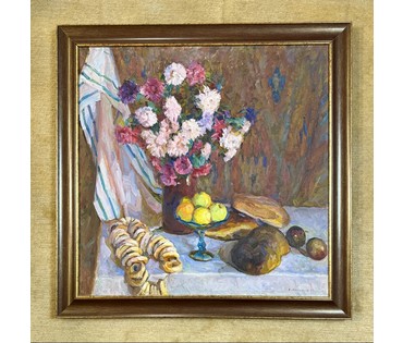 Максимцев К.И "Натюрморт",1984г. Холст, масло. Размер с рамой 96х96 см. № 3787 (артикул №3787) - фото №1