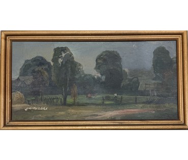 Цудик Н.М "Деревня.Вечер", 1984 г. Картон, масло.Размер с рамой 43,5х23,5 см. № 3797 (артикул №3797) - фото №1