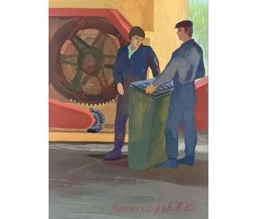 Комиссаров А.А "Наладка оборудования кормоцеха КЦП 6000", 1985г. Оргалит, темпера. Размер 80х90 см. № 3806 (артикул №3806) - фото №2