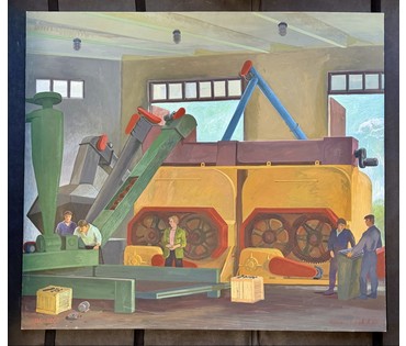 Комиссаров А.А "Наладка оборудования кормоцеха КЦП 6000", 1985г. Оргалит, темпера. Размер 80х90 см. № 3806 (артикул №3806) - фото №1