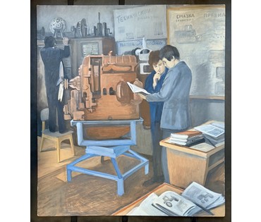 Корегина Е.Д "Учёба.Кабинет механизации", 1985г. Оргалит, темпера. Размер 90х80 см. № 3807 (артикул №3807) - фото №1