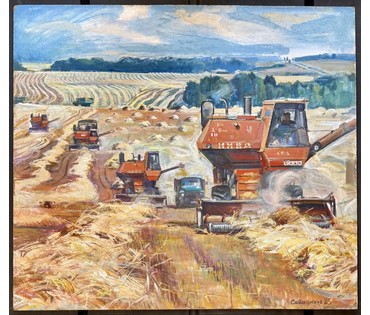 Сояшников Г.А "Комбайн на степной Ниве", 1985г. Оргалит, темпера. Размер 80х90 см. № 3810 (артикул №3810) - фото №1