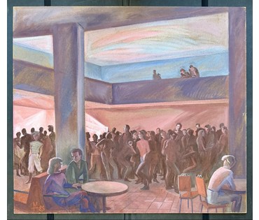 Межникова Н.В "Молодёжный клуб", 1985г. Оргалит, темпера. Размер 80х90 см. № 3811 (артикул №3811) - фото №1