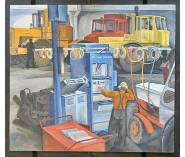 Ванчугин Ю.Ф "Электрик автотракторного оборудования", 1985г. Оргалит, темпера. Размер 90х80 см. № 3812 (артикул №3812) - фото №1