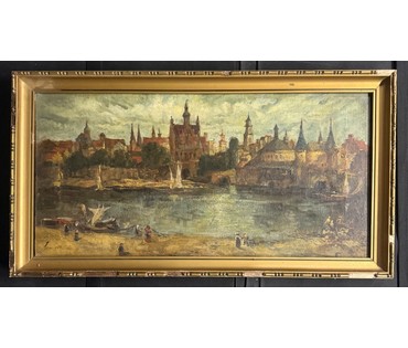 Пейзаж. Европа, 19 век. Подпись автора. Холст, масло. Размер с родной рамой 59х32 см. № 3837 (артикул №3837) - фото №2