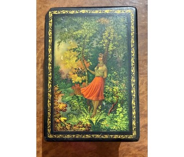 Шкатулка "Назначай поскорее свидание". Холуй, 1960-е г.г. Художник Добрин Ю. Размер 13,5х9,5 см. № 3829 (артикул №3829) - фото №1