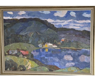 Гугель А.С "Пейзаж с озером", 1973 год. Холст, масло. Вероятно Логойщина. Размер с рамой 72,5х98,5 см. № 3846 (артикул №3846) - фото №4