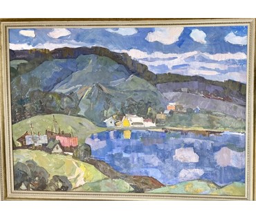 Гугель А.С "Пейзаж с озером", 1973 год. Холст, масло. Вероятно Логойщина. Размер с рамой 72,5х98,5 см. № 3846 (артикул №3846) - фото №5