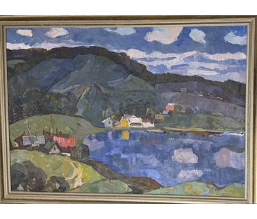 Гугель А.С "Пейзаж с озером", 1973 год. Холст, масло. Вероятно Логойщина. Размер с рамой 72,5х98,5 см. № 3846 (артикул №3846) - фото №6