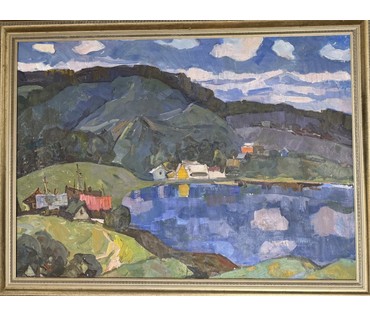 Гугель А.С "Пейзаж с озером", 1973 год. Холст, масло. Вероятно Логойщина. Размер с рамой 72,5х98,5 см. № 3846 (артикул №3846) - фото №2