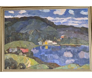 Гугель А.С "Пейзаж с озером", 1973 год. Холст, масло. Вероятно Логойщина. Размер с рамой 72,5х98,5 см. № 3846 (артикул №3846) - фото №1