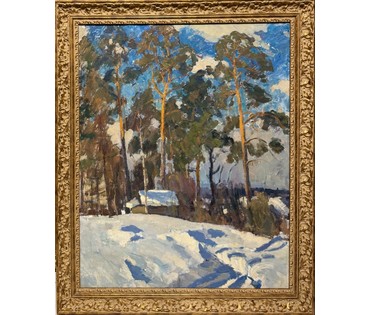 Бархатков А.С - Заслуженный художник. "На опушке", 1968 г. Картон, масло. Размер с рамой 94х115 см. № 3853 (артикул №3853) - фото №2