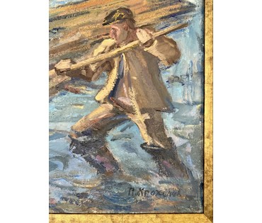 Крохалев П.С (Крохолев) "Сплавщики", 1963г. Холст, масло. Размер с рамой 49х81 см. № 3859 (артикул №3859) - фото №6