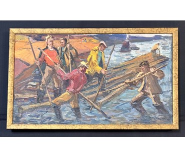 Крохалев П.С (Крохолев) "Сплавщики", 1963г. Холст, масло. Размер с рамой 49х81 см. № 3859 (артикул №3859) - фото №1