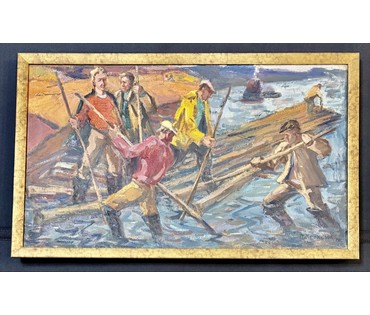 Крохалев П.С (Крохолев) "Сплавщики", 1963г. Холст, масло. Размер с рамой 49х81 см. № 3859 (артикул №3859) - фото №2