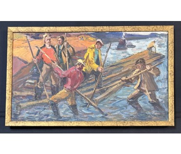 Крохалев П.С (Крохолев) "Сплавщики", 1963г. Холст, масло. Размер с рамой 49х81 см. № 3859 (артикул №3859) - фото №3