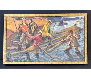 Крохалев П.С (Крохолев) "Сплавщики", 1963г. Холст, масло. Размер с рамой 49х81 см. № 3859 (артикул №3859) - фото №4