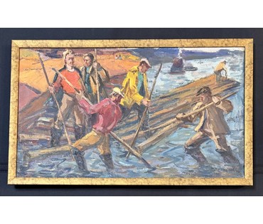 Крохалев П.С (Крохолев) "Сплавщики", 1963г. Холст, масло. Размер с рамой 49х81 см. № 3859 (артикул №3859) - фото №5