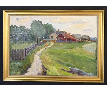 Савицкий В.Н "Переселка", 1952г. Картон, масло. Размер с рамой 40х55,5 см. № 3860 (артикул №3860) - фото №1