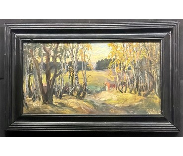 Цудик Н.М "Вечар у Бараўлянах", 1991г. ДВП, масло. Размер с родной рамой 28,5х46 см. № 3877 (артикул №3877) - фото №2