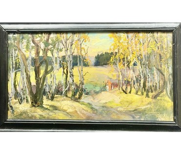 Цудик Н.М "Вечар у Бараўлянах", 1991г. ДВП, масло. Размер с родной рамой 28,5х46 см. № 3877 (артикул №3877) - фото №5