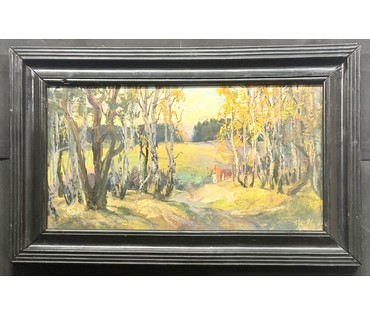 Цудик Н.М "Вечар у Бараўлянах", 1991г. ДВП, масло. Размер с родной рамой 28,5х46 см. № 3877 (артикул №3877) - фото №3