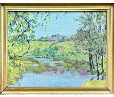 Гавриленко П.Н "Река", 1955г. Холст, масло на фанере. Размер с родной рамой 44х54 см. № 3886 (артикул №3886) - фото №1