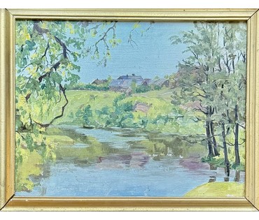 Гавриленко П.Н "Река", 1955г. Холст, масло на фанере. Размер с родной рамой 44х54 см. № 3886 (артикул №3886) - фото №2