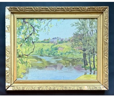Гавриленко П.Н "Река", 1955г. Холст, масло на фанере. Размер с родной рамой 44х54 см. № 3886 (артикул №3886) - фото №3