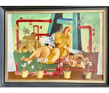 Скрипниченко Г.С. Художник-сюрреалист, "белорусский Дали". Каталожная работа."Антоні і Клеапатра", 1971г. Картон, масло. Размер с рамой 84х63 см. № 3896 (артикул №3896) - фото №2