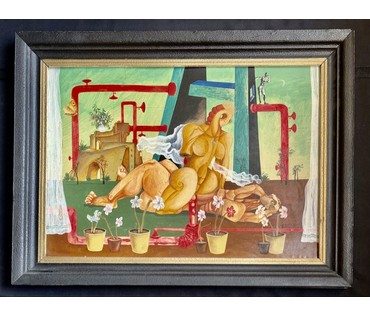 Скрипниченко Г.С. Художник-сюрреалист, "белорусский Дали". Каталожная работа."Антоні і Клеапатра", 1971г. Картон, масло. Размер с рамой 84х63 см. № 3896 (артикул №3896) - фото №3