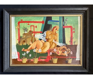 Скрипниченко Г.С. Художник-сюрреалист, "белорусский Дали". Каталожная работа."Антоні і Клеапатра", 1971г. Картон, масло. Размер с рамой 84х63 см. № 3896 (артикул №3896) - фото №1