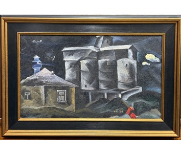 Скрипниченко Г.С "Минский бетонный завод", 1963г. ДСП, масло. Размер 33х55 см. № 3924 (артикул №3924) - фото №1
