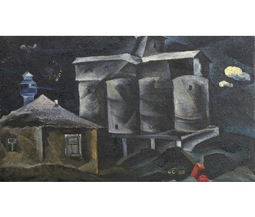 Скрипниченко Г.С "Минский бетонный завод", 1963г. ДСП, масло. Размер 33х55 см. № 3924 (артикул №3924) - фото №2