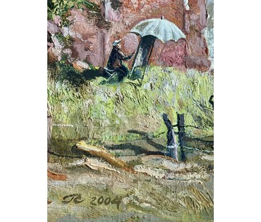 Скрипниченко Г.С. Каталожная работа "Ушачына.Вёска Селішча.Уладзимир Сулкоўскі на эцюдах.Спякота", 2004г. ДВП, масло. Размер с рамой 61х71 см. № 3984 (артикул №3984) - фото №4