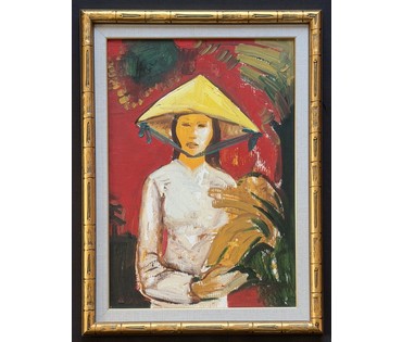 Щемелёв Л.Д "Девушка из Вьетнама", 1977г. Картон, масло. Размер с рамой 42х57 см. № 3993 (артикул №3993) - фото №3