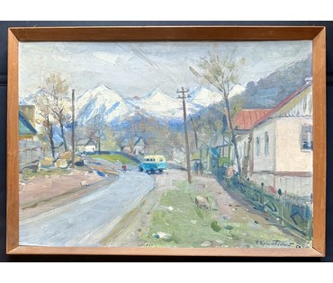 Красовский Е.Е "Красная поляна", 1953г. Холст на картоне, энкаустика. Размер с родной рамой 72,5х53,5 см. № 4002 (артикул №4002) - фото №1