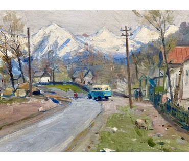 Красовский Е.Е "Красная поляна", 1953г. Холст на картоне, энкаустика. Размер с родной рамой 72,5х53,5 см. № 4002 (артикул №4002) - фото №7