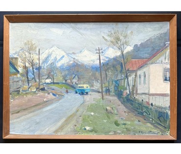 Красовский Е.Е "Красная поляна", 1953г. Холст на картоне, энкаустика. Размер с родной рамой 72,5х53,5 см. № 4002 (артикул №4002) - фото №2