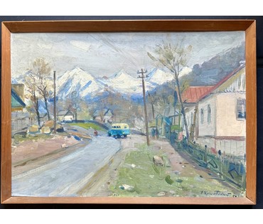 Красовский Е.Е "Красная поляна", 1953г. Холст на картоне, энкаустика. Размер с родной рамой 72,5х53,5 см. № 4002 (артикул №4002) - фото №4