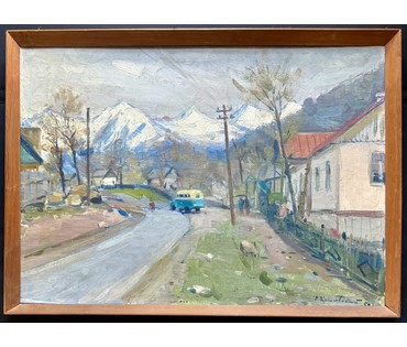 Красовский Е.Е "Красная поляна", 1953г. Холст на картоне, энкаустика. Размер с родной рамой 72,5х53,5 см. № 4002 (артикул №4002) - фото №5