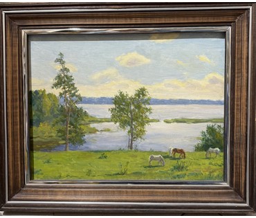 Бархатков И.А "У озера", 1987г. Холст, масло. Размер с рамой 49х39 см. № 4020 (артикул №4020) - фото №1