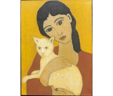 Лисовский А.С "Девушка с котиком", 2026г. Холст, акрил. Размер 40х30 см. № 4038 (артикул №4038) - фото №1