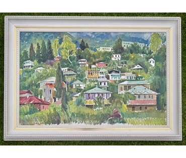 Данциг М.В. Каталожная работа. "Гагры". 1980г. Картон, масло. Размер с рамой 94х66 см. № 4051 (артикул №4051) - фото №4