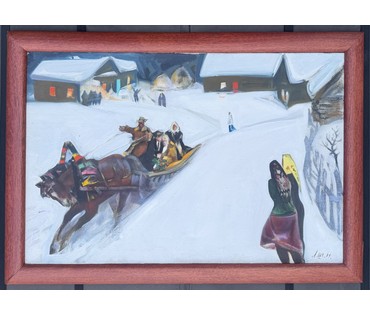 Щемелёв Л.Д "Снежаньскае вяселле", 1989 г. Холст, масло. Размер с родной рамой 101х72 см. № 4090 (артикул №4090) - фото №3