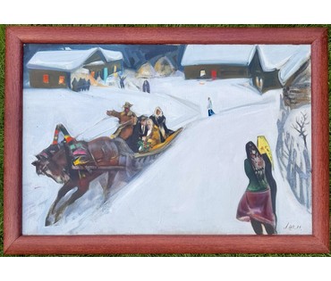 Щемелёв Л.Д "Снежаньскае вяселле", 1989 г. Холст, масло. Размер с родной рамой 101х72 см. № 4090 (артикул №4090) - фото №5